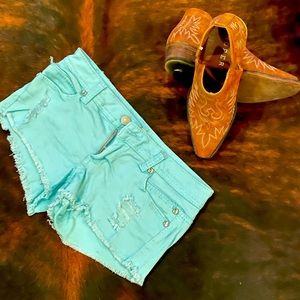 Turquoise/ mint green denim shorts with gem studs